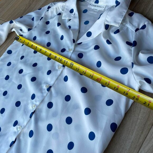 Retro White & Blue Women's Medium Polka Dot Blouse Semi Sheer Twee Vintage 80's - Picture 6 of 7